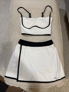 ALO Yoga White Crop Top and Skirt Set with Black Trim, size XS both